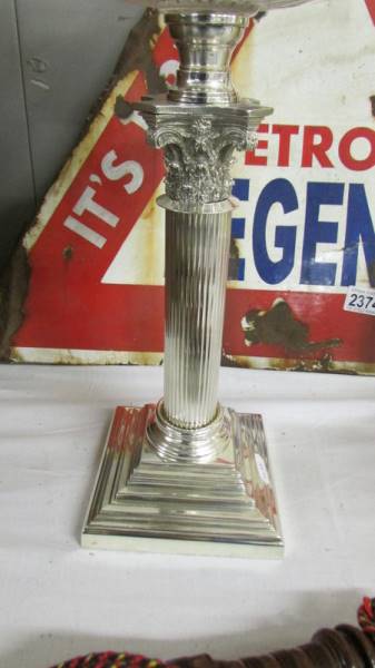 A Victorian silver plate Corinthian column oil lamp with glass font and etched shade. - Image 2 of 3