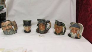 Five small Royal Doulton character jugs - Don Quixote D6460, Merlin D6536, Rip Van Winkle D6453,
