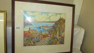 A framed and glazed oil on board featuring abstract harbour scene (possibly Cornish School).