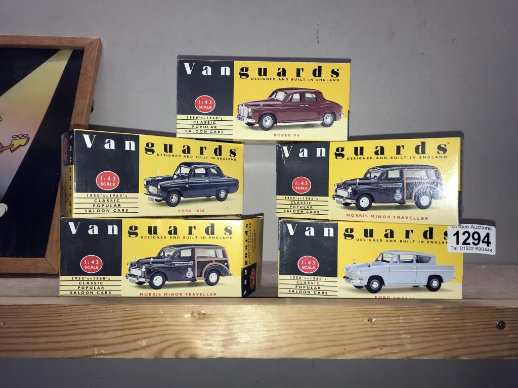 5 boxed Vanguards diecast models, Morris Minor x 2, Rover P4, Ford Anglia 105E,