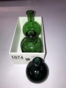 2 green & 1 blue small bulbous bottles including 1 marked Jeilma'