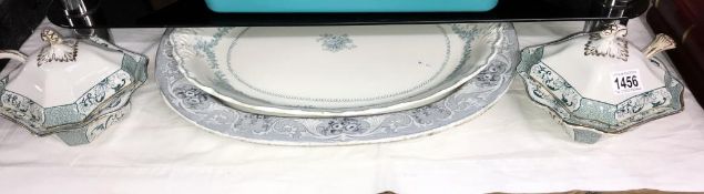 A pair of Staffordshire sauce tureens with ladles and 2 large vintage meat platters