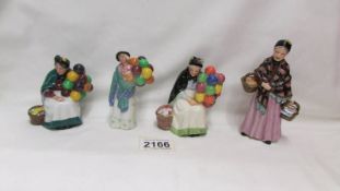 Four Royal Doulton figurines being two miniature street vendors 'The Old Balloon Seller' HN4089 and