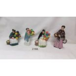 Four Royal Doulton figurines being two miniature street vendors 'The Old Balloon Seller' HN4089 and