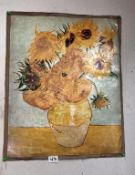 An overpainted on paper print of Van Gogh's Sunflowers mounted on canvas,