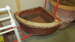 A large stoneware corner scullery sink with makers mark. (Collect only).