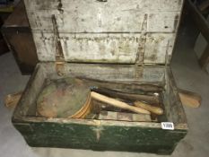 An antique pine tool box and contents and an empty metal tool box