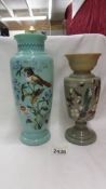 Two Victorian glass vases handpainted with birds.
