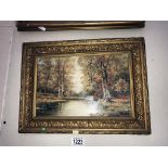 An oil on board of woodland pond 19th/20th century, signature indistinct, (frame 38.5cm x 28.
