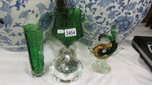 A green glass vase, green glass goblet,