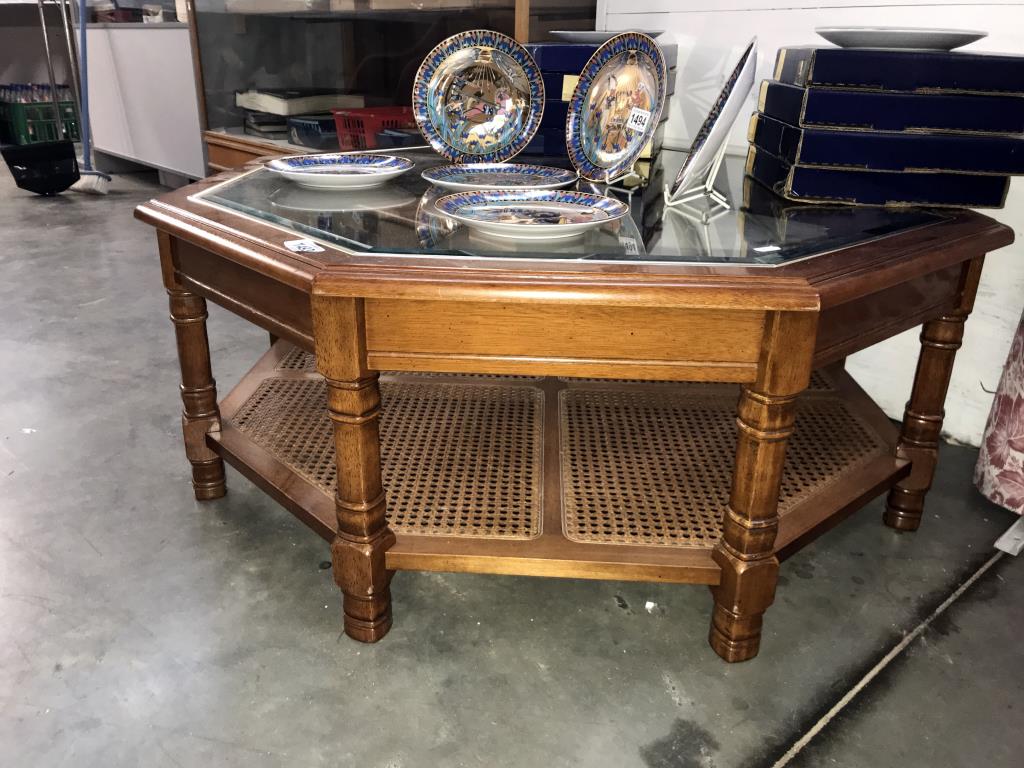 A large dark wood stained octagonal coffee table with bevel glass top & bergere cane under shelf - Image 2 of 2