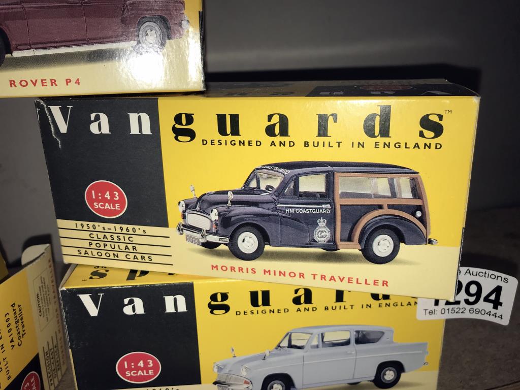 5 boxed Vanguards diecast models, Morris Minor x 2, Rover P4, Ford Anglia 105E, - Image 3 of 6