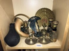 A selection of brassware including binoculars, hooter car horn & ornaments etc.