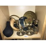 A selection of brassware including binoculars, hooter car horn & ornaments etc.