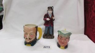 A Coalport figurine, a Beswick 'Mr Varden' jug and a Sandland William Shakespeare jug.