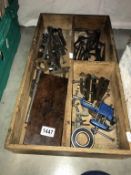 A pine tray box of various old engineers tools including taps/dies,