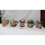 Five small Royal Doulton character jugs including Farmer John, Toby Philpot, Sarey Gamp etc.