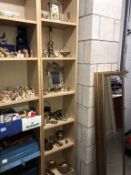 6 shelves of brass including photo frame, Anniversary clock, candlesticks & ornaments etc.
