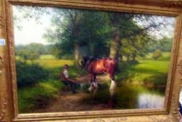 A framed oil on canvas signed Tony Sheath (B. 1946). 'Man watering a horse'. (collect only).