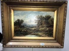 A Victorian oil on canvas wooded water scene with figurines,