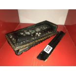 A Victorian black lacquered box with mother of pearl glove box (for restoration)