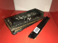 A Victorian black lacquered box with mother of pearl glove box (for restoration)