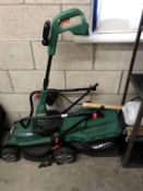 A Qualcast cordless lawn mower (no charger) & Challenge strimmer (no battery or charger) - both