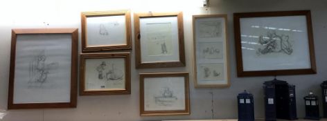 7 Framed and glazed Winnie The Pooh black and white drawing prints in various sizes,