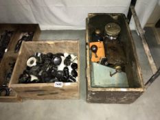 A pine box of vintage bakelite electrical fittings and a similar box of vintage door locks