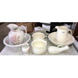 A Victorian jug and bowl with vase and 1 other with 2 chamber pots,