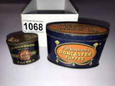 2 rare tins Parkinson's Doncaster taffee & Edmondson Red Seal toffee