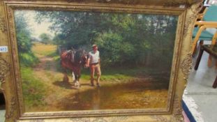 A framed oil on canvas signed Tony Sheath, 'Man with Horse'. (collect only).