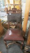 A hall chair with tooled leather back. (Collect only).