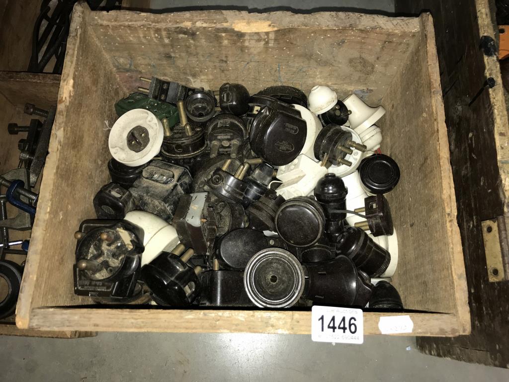 A pine box of vintage bakelite electrical fittings and a similar box of vintage door locks - Image 2 of 3