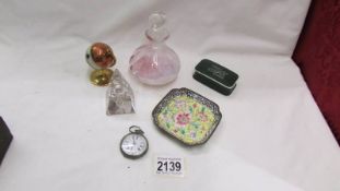 A glass 'Pyramid' inkwell, a globe shaped bridge marker, an enamel tray,