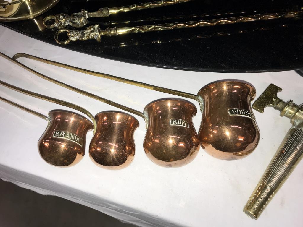 A brass chestnut roaster, 4 toasting forks, set of 4 copper measures etc, - Image 3 of 5