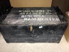 A large vintage pine carpenters tool box and contents including planes, saws etc, lid marked N.