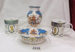 Two Dunoon porcelain commemorative mugs, a Royal collection vase and dish.