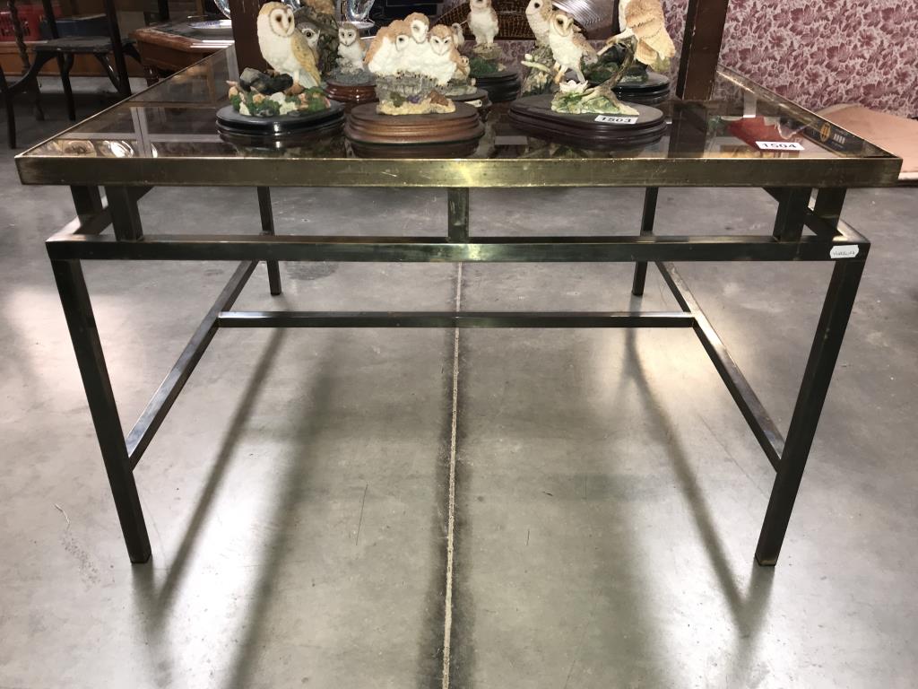 A large brass framed coffee table with smoke glass top (chip to 1 corner)(77cm x 77cm x 49cm) - Image 2 of 2