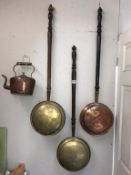 3 Victorian bed warming pans and a copper kettle