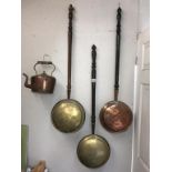 3 Victorian bed warming pans and a copper kettle