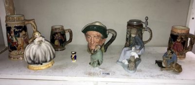 A mixed lot of china pottery including German beer steins, Nao figurine,