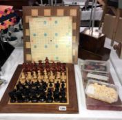 2 wooden chess sets (1 bishop missing) also 2 boards, draughts,