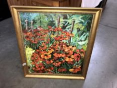 Oil on board painting of a large spray of orange sunflowers in a woodland setting circa 1970's