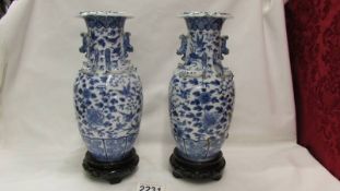 A pair of early Chinese blue and white vases on stands,