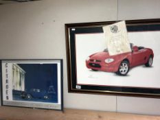 A framed and glazed limited edition MG print by Philip M James and a framed and glazed print of a