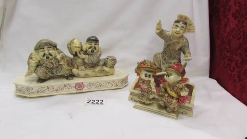 Two Chinese figure groups and another Chinese figure.