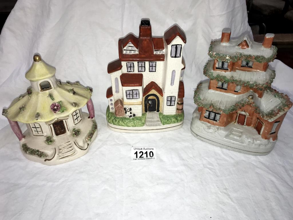 2 Staffordshire money boxes & a pastille burner