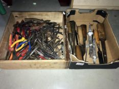 2 boxes of tools including pliers and chisels