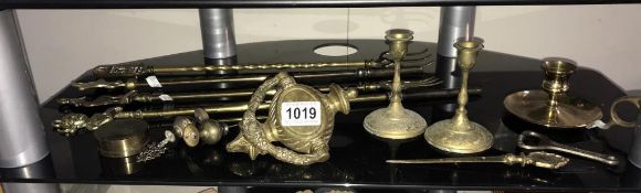 Brass doorknocker, candlesticks,